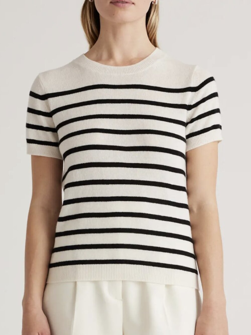 Quince Mongolian Cashmere Short-Sleeve Sweater, Off-White & Black, Sz. M